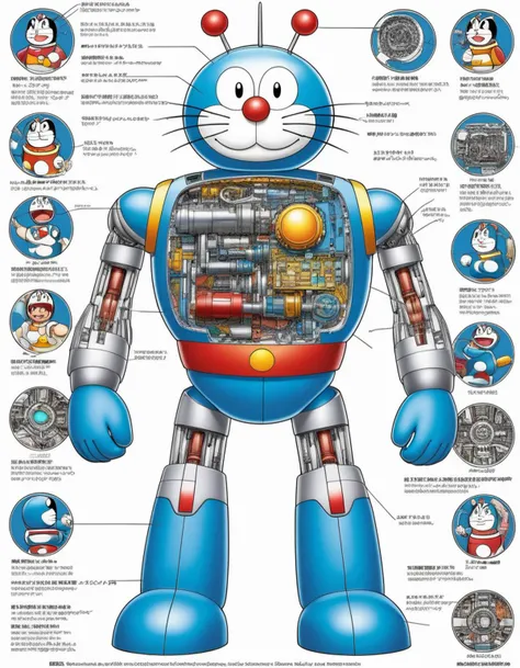 Visualize a detailed and educational cross-section of the beloved character Doraemon in a standing position. The perspective is a cutaway diagram that half-reveals the complex inner machinery beneath his blue exterior. The left side of the image shows Doraemonâs classic appearance with his bright blue coloring, big eyes, red nose, and bell around his neck. On the right, peel back the outer layer to unveil an intricate network of futuristic gears, circuits, and components that power Doraemon's various gadgets and abilities. Highlight the internal gadget storage area in his belly pocket, showing a few iconic devices like the 'Anywhere Door' and 'Take-copter' neatly arranged inside. Above all, maintain the friendly and approachable essence of Doraemon, ensuring that the technical details are presented in an informative and non-grim manner,<lora:robot_info:0.4>