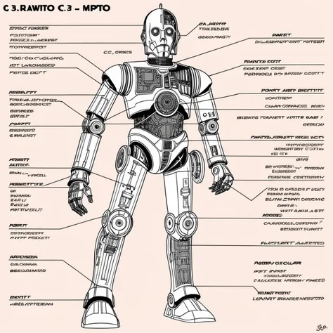 a drawing of a C-3PO with parts labeled,<lora:robot_info:0.5>,