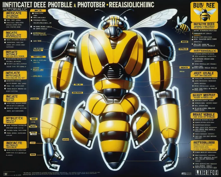 (intricate details:1.2), (photorealistic), (masterpiece), (photography), cinematic lighting, (hyperrealistic:1.2),
bumble-bee, parts info, diagram, manual, instructions, vintage poster,
<lora:Drone_Cars_XL:0.3> <lora:robot_info:0.5> robotinfo