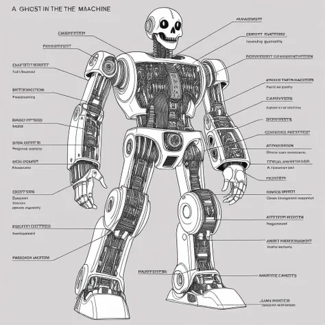 a drawing of a The Ghost in the Machine with parts labeled,<lora:robot_info:0.5>