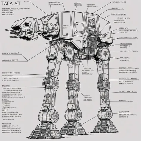a drawing  of a AT-AT  with parts labeled,<lora:robot_info:0.5>,