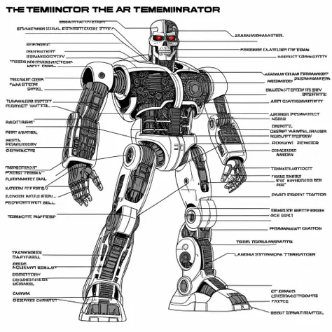 a drawing  of a The Terminator with parts labeled,<lora:robot_info:0.5>