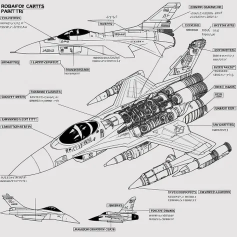 a drawing of a F16 with parts labeled,robotinfo,<lora:robot_info:0.55>