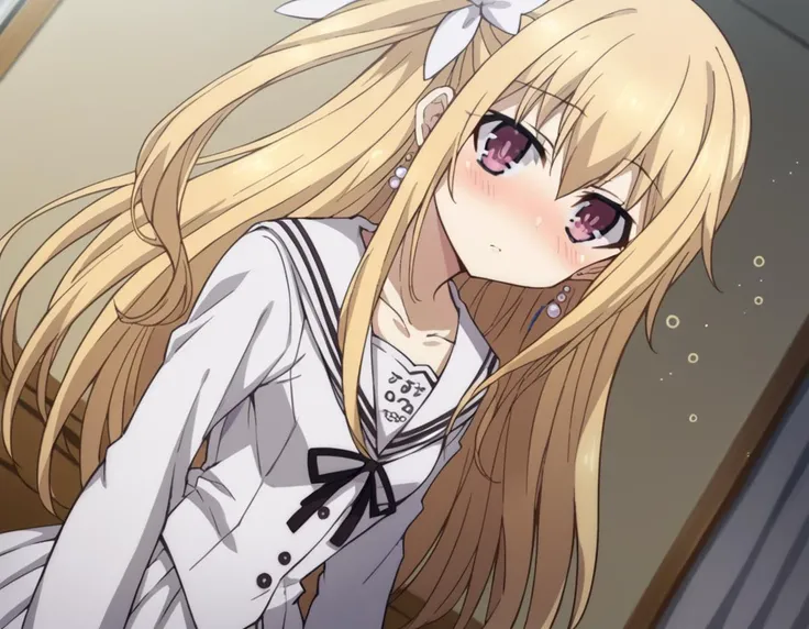 score_9, score_8_up, score_7_up, source_anime,
dalmayuri, <lora:dal-mayuri-movie-ponyxl-lora-nochekaiser:1>,
mayuri, long hair, blonde hair, hair between eyes, hair bow, one side up, bow, purple eyes,
shirt, ribbon, jewelry, school uniform, collarbone, earrings, serafuku, black ribbon, neck ribbon, skirt, white skirt, pleated skirt,
indoors, bed, bed room, on side, blush, drunk,
solo, dutch angle, looking at viewer, cowboy shot,