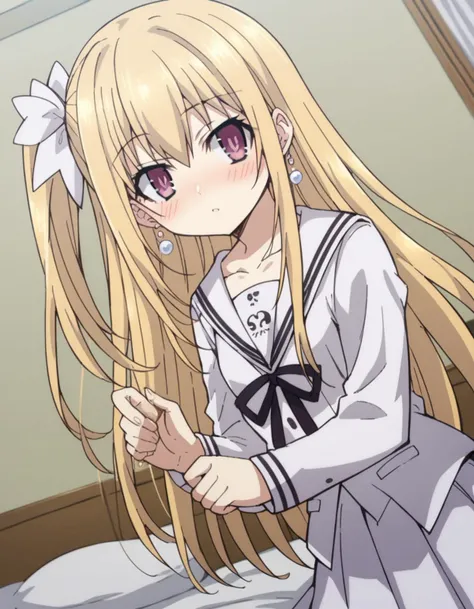 masterpiece, best quality, ultra-detailed, Arimura, blonde hair, blue eyes, hair ribbon, white ribbon, school uniform, thighhighs, white thighhighs,