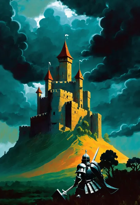 pulp fantasy art, knight,giant warhammer,ancient castle,ominous storm clouds, <lora:EnvyPulpFantasyXL01:1:1:lbw=ALL>