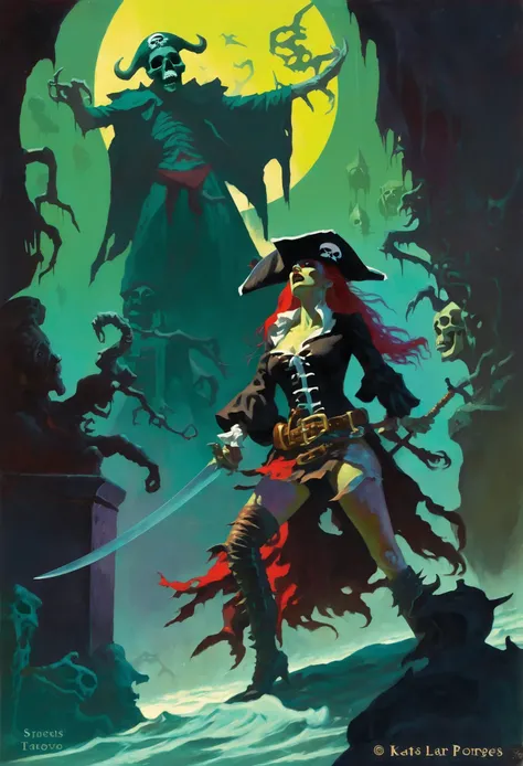 pulp fantasy art, undead hordes,severed head,female pirate,sorceress, <lora:EnvyPulpFantasyXL01:1:1:lbw=ALL>