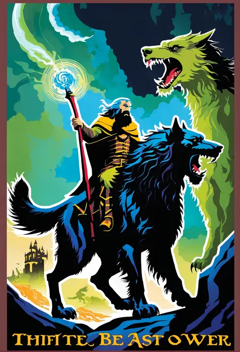 pulp fantasy art, dire Wolf,griffon rider,wizard's tower,beast, <lora:EnvyPulpFantasyXL01:1:1:lbw=ALL>