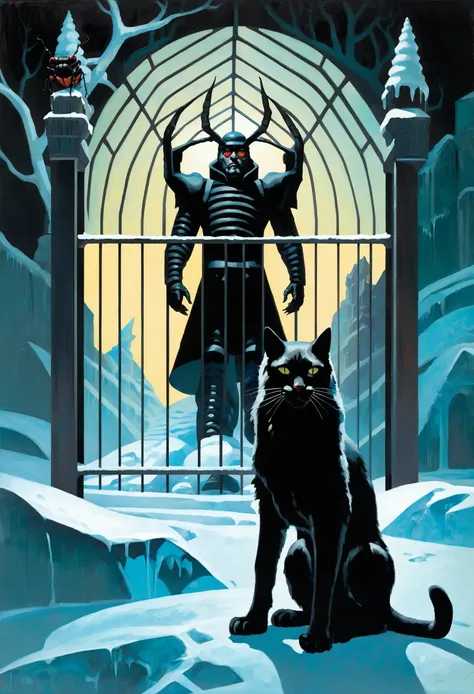 pulp fantasy art, man in a cage,giant insect,black cat, Ice Palace Tundra, <lora:EnvyPulpFantasyXL01:1:1:lbw=ALL>