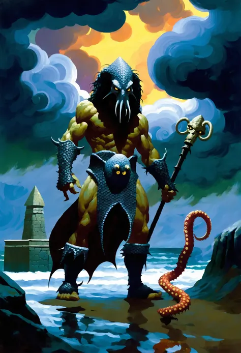 pulp fantasy art, chainmail loincloth,ominous storm clouds,tentacled monster, Hero's Trial Grounds, <lora:EnvyPulpFantasyXL01:1:1:lbw=ALL>