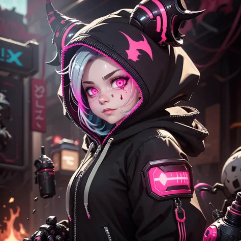 <lora:OverwatchTech-28:0.8>,owtech,scifi, stylized 3d, 1girl, <lora:BloodSkelterStyle-30:0.8>,Blood_Skelter, glowing eyes, pink blood, fire, hoodie,