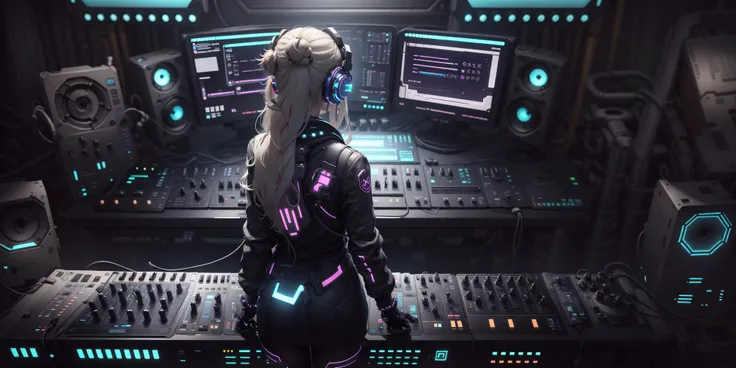 1girl, dj, wearing headphones around neck, platinum blonde hair, long hair, updo hairstyle, from behind, standing in front of mixer, <lora:OverwatchTech-28:1>,owtech, futuristic, cyberpunk, electric piano, industry design, simple, modern, konbs, faders, displays, interesting perspective, black keys, white keys
, stylized 3d, overwatch,music studio