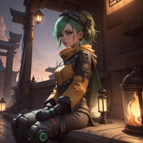 <lora:OverwatchTech-28:0.8>,owtech,scifi, stylized 3d,
1girl, fire, lantern, long_sleeves, paper_lantern, red_sky, sitting, solo, sunset, tabard, torii,green hair,