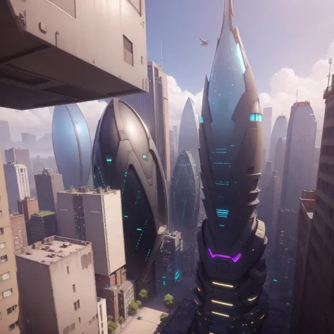 <lora:OverwatchTech-28:1>,owtech,scifi,  stylized 3d, wide shot, 
city, urban area, morning,  colorful buildings,