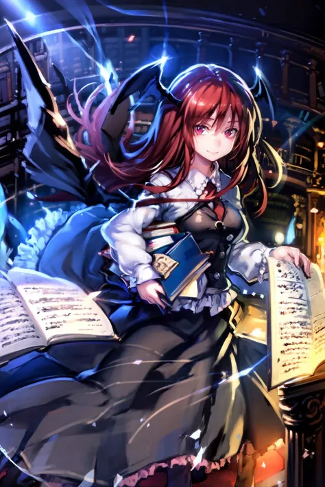 masterpiece, best quality, <lora:koakuma:1>, <lora:lq:0.6>,1girl, koakuma, solo, book, head wings, wings, long hair, red hair, library, voile, red eyes, bookshelf, bat wings, book stack, too many, holding, flying, pantyhose, holding book, carrying, dress, smile, long sleeves, looking at viewer, floating, necktie, shirt, skirt