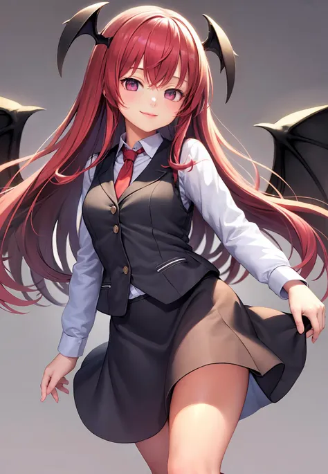 masterpiece, best quality, <lora:koakuma:0.8>,1girl,smile,red hair vest,necktie,skirt,wings,grey background,simple background,