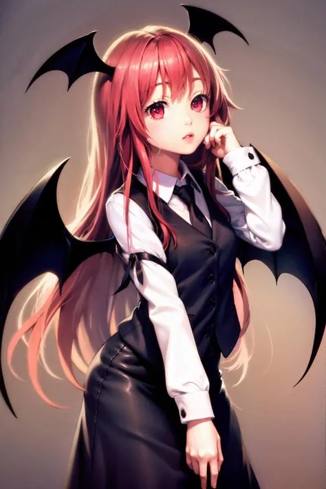 masterpiece, best quality, <lora:koakuma:1>,1girl,koakuma,,red hair vest,necktie,skirt,wings,simple background, (kbxll:0.6)