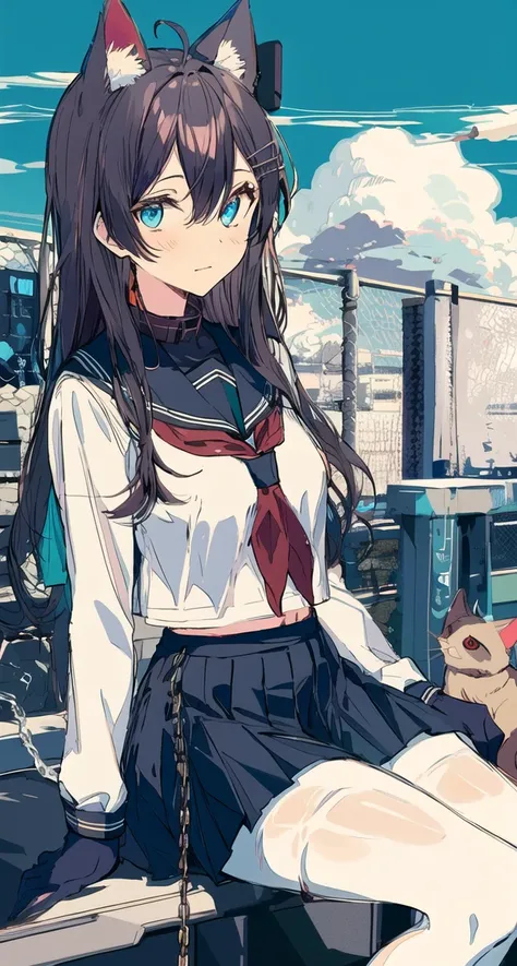 ((masterpiece, best quality)),a girl, solo, skirt, sky, sitting, pantyhose, serafuku, cloud,black gloves, outdoors, neckerchief ,day, bangs, fence, shirt, ahoge, rooftop, long hair, white pantyhose, black hair, school uniform, white sailor collar, red eyes, sailor collar, blue skirt, red neckerchief, blue serafuku, animal ears, blue sky, long sleeves, blue shirt, looking at viewer, closed mouth,cat ears, chain-link fence, pleated skirt, cloudy sky, trash can