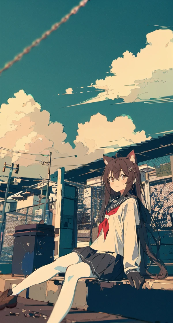 ((masterpiece, best quality)),a girl, solo, skirt, sky, sitting, pantyhose, serafuku, cloud,black gloves, outdoors, neckerchief ,day, bangs, fence, shirt, ahoge, rooftop, long hair, white pantyhose, black hair, school uniform, white sailor collar, red eyes, sailor collar, blue skirt, red neckerchief, blue serafuku, animal ears, blue sky, long sleeves, blue shirt, looking at viewer, closed mouth,cat ears, chain-link fence, pleated skirt, cloudy sky, trash can