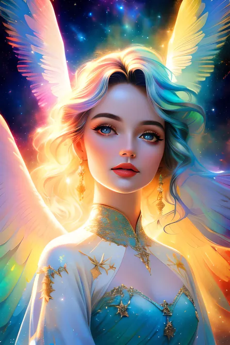 a photorealistic photo of a graceful female angel clothed in glittering, perfect wings, symmetrical wings, colorful fine linen, surrounded by radiant flowers and bright clouds, smoke, misty, shimmering auras, morning lighting, close-up, almost white blonde hair, glowing skin, soft, graceful opalescent glowing wings, calm galaxy pupils eyes, in the distant sky can stars that shine brightly, 8k uhd, dslr, soft lighting, high quality, film grain, Fujifilm XT3 , style-rustmagic
DeepJourney, deepjourney
<lora:DeepJourney:1.2>