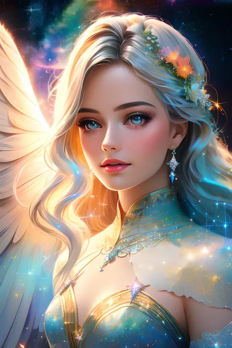 a photorealistic photo of a graceful female angel clothed in glittering, perfect wings, symmetrical wings, colorful fine linen, surrounded by radiant flowers and bright clouds, smoke, misty, shimmering auras, morning lighting, close-up, almost white blonde hair, glowing skin, soft, graceful opalescent glowing wings, calm galaxy pupils eyes, in the distant sky can stars that shine brightly, 8k uhd, dslr, soft lighting, high quality, film grain, Fujifilm XT3 , style-rustmagic
DeepJourney, deepjourney
<lora:DeepJourney:1>