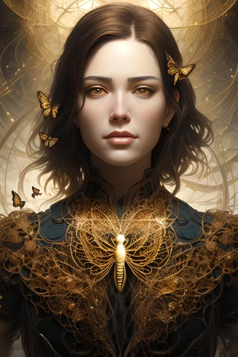 8k portrait of beautiful cyborg with brown hair, intricate, elegant, highly detailed, majestic, digital photography, art by artgerm and ruan jia and greg rutkowski surreal painting gold butterfly filigree, broken glass, (masterpiece, sidelighting, finely detailed beautiful eyes: 1.2), hdr,