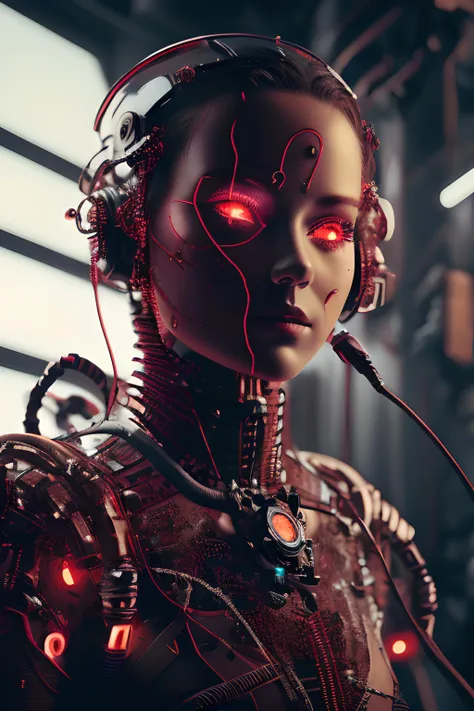 cinematic film still insanely detailed photograph,a half machine half female cyborg,flesh and wiring,glowing metallic bones, red eyes, dissected human with machine interior, shallow depth of field, (look at the viewer with a sense of humanity), (danger moody)