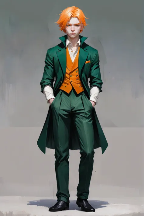 rough textured digital painting, palette knife, anime style, (full body:1.2), 1boy, man, masculine, solo, [:formal costume design,:0.2] crusader, darkgreen silk trousers, (pants:1.3), albino, light orange hair, (average:1) build<lora:EnvyStarlightJaggedCrystal01:1>