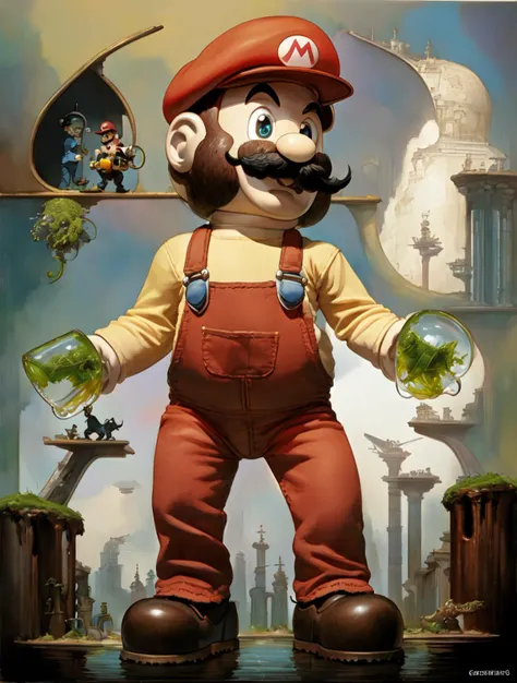 super mario, italian man with a moustache, black hair, (red cap, red shirt, blue overalls, brown shoes:1.1), suspenders, gold buttons, plumber, art by style_vallejobell,
plains background, blue sky, clouds, vertical green pipes in the scenery, carnivorous plants,