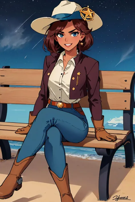 (masterpiece, best quality:1.2), solo, 1girl, bhcassidy, dark skin, dark-skinned female, smile, looking at viewer, sitting, crossed legs, bench, hat, star \(symbol\), v-shaped eyebrows, jacket, white shirt, gloves, blue pants, boots, belt <lora:brawlhalla_cassidy-16:1>
