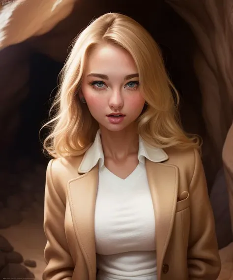 4k, portrait, en face, woman, LilyIvy, realistic, white shirt, brown jacket, <lora:LilyIvy-08:1.0>, cave background
