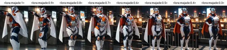 majade, solo, 1girl, mature female, perfect female body,large breasts, narrow waist,wide hip,gloves, female focus,skin tight bodysuit, helmet, orange eyes,boots, cape,tokusatsu, kamen rider,rider belt,unicorn, horns, white armor,,orange breastplate,ring,pelvic curtain,full body shot,cape,standing,dynamic pose, on rooftop,city background, hdr,bokeh,depth of field,night, <lora:majade:1>