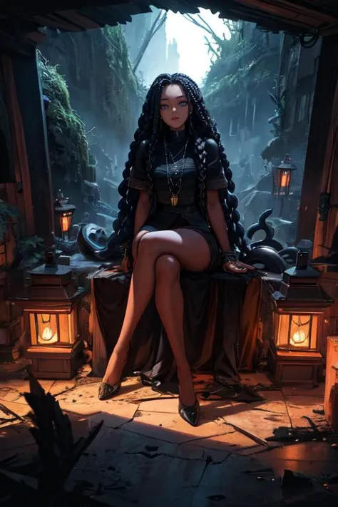 (otherworldly, otherworldly atmosphere, otherworldly appearance), highly insanely detailed, masterpiece, top quality, best quality, highres, 4k, 8k, RAW photo, (box braids:1.2), Caribbean, dark tunnel,
slan (berserk), 1girl, solo, very long hair, torn clothes, torn legwear, 1990s \(style\), full body, sitting, snail hair, (fantasy world)