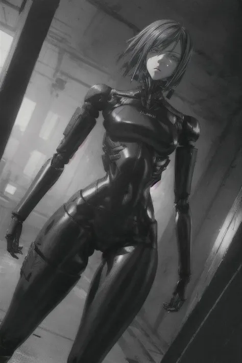 hard lighting with hard shadows, (blame artstyle:1.1), (tsutomu nihei:0.6)
one cyborg girl with robot legs is standing upright and looking away from viewer, (looking ahead:0.8)
distracted view, (thick thighs, wide hips, slim waist:1.3)
mechanical parts, android, cyborg, robot, (transluscent skin:1.2)
(dynamic camera angle:1.3), flat colours, monochrome
(very detailed background:1.1) is empty void
<lora:blame-derv5-nai-128dim-128a-rep-3kstep:1> <lora:GR2-NAI-D128-A64:0.5> <lora:translucent_skin:1.3> <lora:add_detail:0.5>