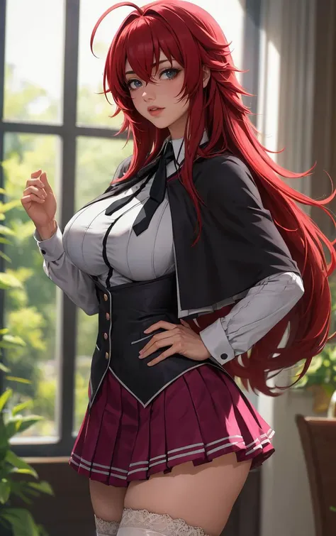 ((masterpiece, best quality)), insaneres, absurdres, solo, looking at viewer, 
ANIME_DxD_Rias_Gremory_ownwaifu, 
1girl, bangs, long hair, red hair, breasts, large breasts, rias gremory, blue eyes, hair between eyes, very long hair, collarbone, hair intakes,  hair over breasts, 
black capelet, black corset, collared shirt, kuoh academy school uniform, layered skirt, underbust, school uniform, skirt, shirt, long sleeves, purple skirt, ribbon, miniskirt, neck ribbon, thighhighs, black ribbon, 
(portrait, close-up)<lora:ANIME_DxD_Rias_Gremory_ownwaifu:0.8>,
 depth of field, vanishing point, garden, sidelighting,