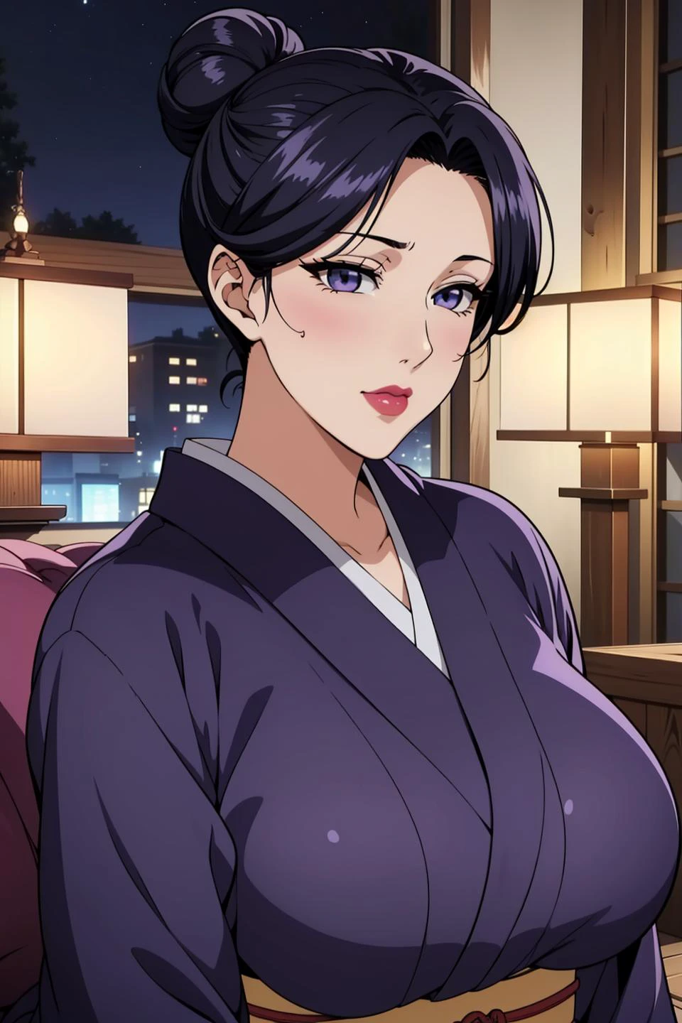 (masterpiece, best quality, unity 8k wallpaper, highres), ambient light, 1milf, solo, (super_beautiful_detailed hair face eyes nose mouth skin, slender:1.3), BREAK
(Night:1.7), Before Window, sitting at attention, sitting on couch, purple_kimono,sash, shouji, shrine, japanese_clothes, <lora:Sumie_Takayanagi-V1:0.7>,<lora:saiminSeishidou:0.2>, <lora:Mai_Shiranui-KK77-V2:0.1>, black_hair, Hair_bun, lipstick, Manga, 30yo, mature female, gigantic long sagging breasts, looking at viewer