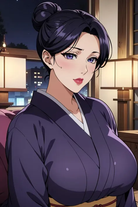 (masterpiece, best quality, unity 8k wallpaper, highres), ambient light, 1milf, solo, (super_beautiful_detailed hair face eyes nose mouth skin, slender:1.3), BREAK
 (Night:1.7),  Before Window, sitting at attention, sitting on couch, purple_kimono,sash, shouji, shrine, japanese_clothes, <lora:Sumie_Takayanagi-V1:0.7>,<lora:saiminSeishidou:0.2>, <lora:Mai_Shiranui-KK77-V2:0.1>, black_hair, Hair_bun, lipstick, Manga, 30yo, mature female, gigantic long sagging breasts, looking at viewer