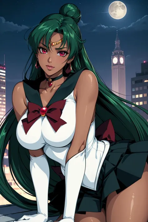 (masterpiece, best quality, unity 8k wallpaper, highres), ambient light, (super_beautiful_detailed hair face eyes mouth skin, slender:1.4), (perfect hands, perfect anatomy), BREAK
(dynamic angle and pose:1.3), best angle, (1lady, solo:1.5), BREAK
sailor pluto, meiou setsuna, long hair, single hair bun, green hair, (red eyes:1.2), very long hair, vely-long-sagging breasts, dark-skinned female, dark skin, thighs, <lora:pluto_v1_locon:0.7>, BREAK
skirt, choker, sailor senshi uniform, jewelry, gloves, earrings, white gloves, bow, sailor collar, elbow gloves, circlet, red bow, black skirt, black choker, pleated skirt, miniskirt, brooch, back bow, black sailor collar, tiara, BREAK
seductive smile, happy, (night:1.4, downtown:1.4, street:1.4)