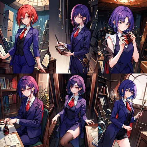 (otherworldly, otherworldly atmosphere, otherworldly appearance), highly insanely detailed, masterpiece, top quality, best quality, highres, 4k, 8k, RAW photo, (box braids:1.2), Caribbean, dark tunnel, 
short hair, eyeliner, parted hair, short hair, blue suit, red tie, earings, <lora:NIMAYA:0.7>, <lora:ghibli_style_offset:0.5>, ghibli style, woman, (fantasy world)