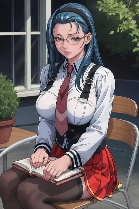 sitting,
masterpiece, best quality, high quality, highres, outdoors, day, upper body, looking at viewer, solo, focused, BREAK,
FAP_BibleBlack_JunkoMochida_ownwaifu, bible_black,
1girl, long hair, blue hair, hairband, breasts, large breasts, blue eyes, rimless eyewear, very long hair,
skirt, thighhighs, long sleeves, school uniform, necktie, glasses, zettai ryouiki, red necktie, suspenders, red skirt, pleated skirt, black_vest, vest,
<lora:FAP_BibleBlack_JunkoMochida_ownwaifu:1>