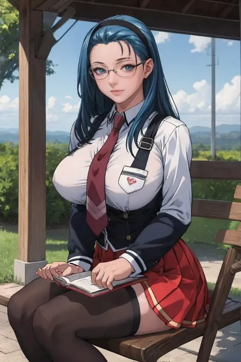 sitting,
masterpiece, best quality, high quality, highres, outdoors, day, upper body, looking at viewer, solo, focused, BREAK,
FAP_BibleBlack_JunkoMochida_ownwaifu, bible_black,
1girl, long hair, blue hair, hairband, breasts, large breasts, blue eyes, rimless eyewear, very long hair,
skirt, thighhighs, long sleeves, school uniform, necktie, glasses, zettai ryouiki, red necktie, suspenders, red skirt, pleated skirt, black_vest, vest,
<lora:FAP_BibleBlack_JunkoMochida_ownwaifu:0.9>