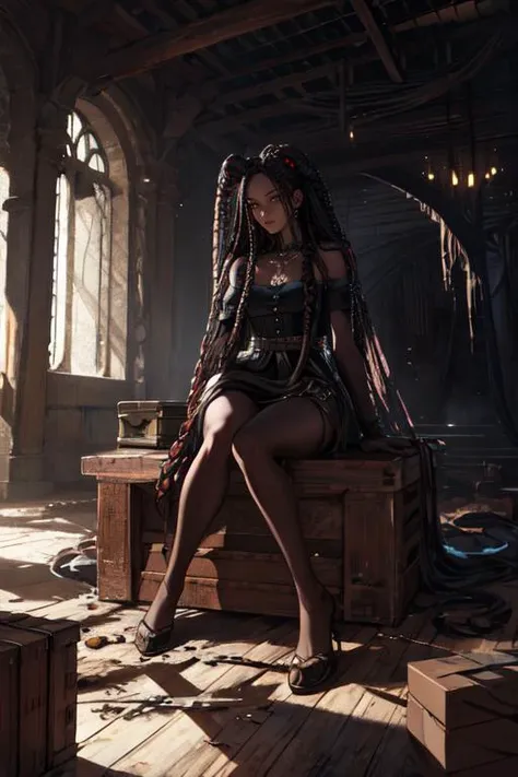 (otherworldly, otherworldly atmosphere, otherworldly appearance), highly insanely detailed, masterpiece, top quality, best quality, highres, 4k, 8k, RAW photo, (box braids:1.2), Caribbean, dark tunnel, 
slan (berserk), 1girl, solo, very long hair, torn clothes, torn legwear, 1990s \(style\), full body, sitting, snail hair, (fantasy world)