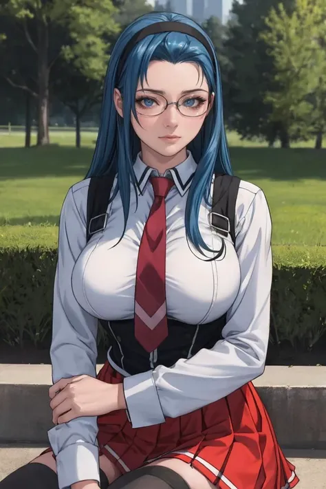 sitting, 
masterpiece, best quality, high quality, highres, outdoors, day, upper body, looking at viewer, solo, focused, BREAK, 
FAP_BibleBlack_JunkoMochida_ownwaifu, bible_black,
1girl, long hair, blue hair, hairband, breasts, large breasts, blue eyes, rimless eyewear, very long hair, 
skirt, thighhighs, long sleeves, school uniform,  necktie, glasses, zettai ryouiki, red necktie, suspenders, red skirt, pleated skirt,  black_vest, vest, 
<lora:FAP_BibleBlack_JunkoMochida_ownwaifu:0.8>