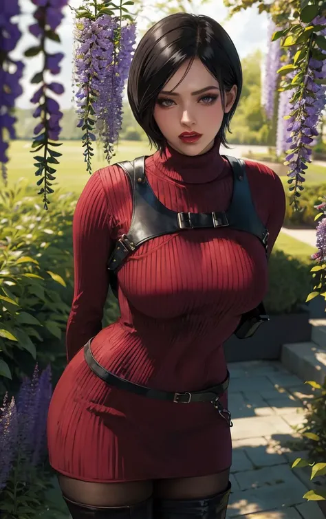 (masterpiece, best quality:1.4), insaneres, absurdres, solo, looking at viewer,BREAK 
GAME_ResidentEvil4Remake_AdaWong_ownwaifu,
1girl, asian, black hair, short hair, brown eyes, lips, bangs, large breasts, red lips, makeup, lipstick,
sweater, dress, gloves, holster, shoulder holster, black gloves, turtleneck, turtleneck sweater, sweater dress, ribbed sweater, long sleeves, harness,
belt, thighhighs, pantyhose, thigh boots, black thighhighs, red sweater, red dress, 
(leaning forward, arms behind back), cowboy shot, garden, wisteria, outdoors, <lora:GAME_ResidentEvil4Remake_AdaWong_ownwaifu:0.85> , depth of field