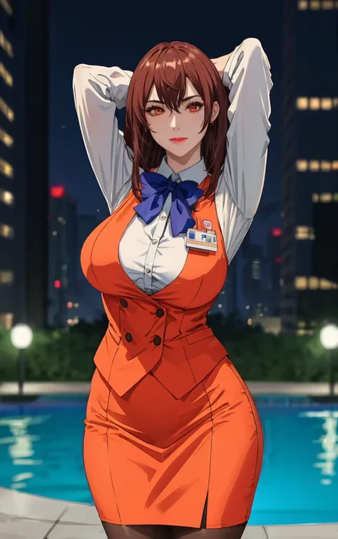 ((masterpiece, best quality)), insaneres, absurdres, solo, looking at viewer, BREAK
OrangeSuit_Lingeries_RenaAsaoka_ownwaifu,
1girl, brown hair, red eyes, long hair, lipstick, earrings, makeup, lips, bangs, hair between eyes, large breasts, shiny hair, 
orange vest, name tag, vest, blue bow, long sleeves, pencil skirt, bowtie, see-through legwear, formal, white shirt, office lady,
(contrapposto, arms behind head), neon_lights, cityscape, night, pool, outdoors, <lora:FAP_CHR_Lingeries_RenaAsaoka_ownwaifu:0.9> , depth of field 
,