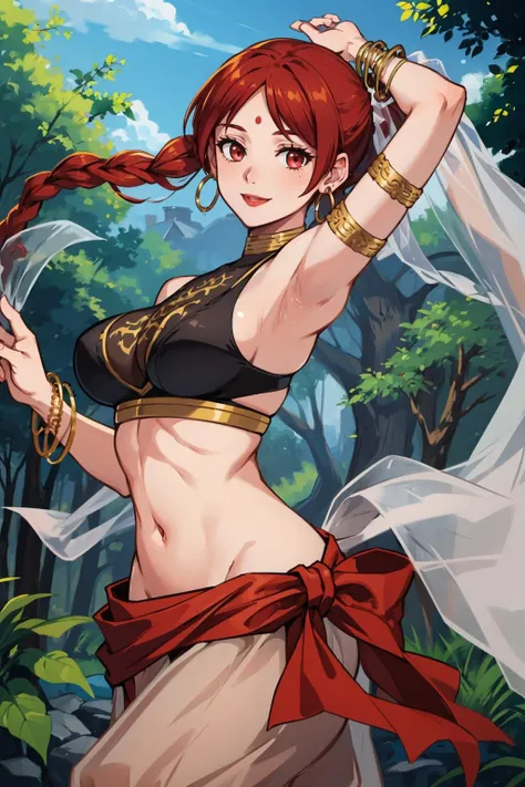 masterpiece, best quality, tethys, forehead mark, earrings, bracelet, crop top, armlet, vambraces, large breasts, see-through, harem pants, looking at viewer, smile, forest, dancing, raised arm <lora:tethys-nvwls-v1-000009:0.9>