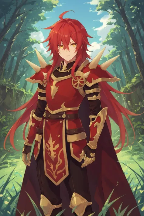 score_9, score_8_up, score_7_up, score_6_up, source_anime, BREAK, <lora:Gulcasa-000012:0.5> , guldef, (1boy), red hair, long hair, hair between eyes, yellow eyes, (armor), spikes, shoulder armor, shoulder spikes, cape, red cape, pauldrons, gauntlets, (cowboy shot), looking at viewer, (smile), closed mouth, happy, hair over one eye, fiery aura,  <lora:ATDANbrite:0.65> , ATDAN , <lora:detailed_backgrounds_v2:1> , masterpiece, best quality, very aesthetic, absurdres, forest, outdoors, grass, nature, blue sky,