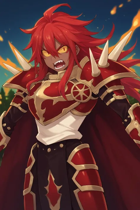score_9, score_8_up, score_7_up, score_6_up, source_anime, BREAK, <lora:Gulcasa-000012:0.6> , guldef, (dark skin), dark-skinned male, Guldem, fiery aura, (1boy), red hair, long hair, hair between eyes, (yellow sclera), (armor), spikes, shoulder armor, shoulder spikes, cape, red cape, pauldrons, gauntlets, cowboy shot, (looking at viewer), shouting, angry, <lora:detailed_backgrounds_v2:0.5> , masterpiece, best quality, very aesthetic, absurdres, forest, outdoors, nature, blue sky, <lora:Lunas-Asanagi-SDXL-A1:0.6>