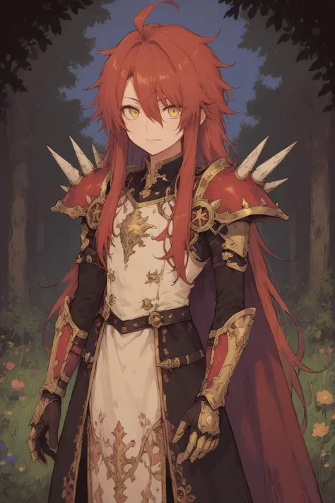 score_9, score_8_up, score_7_up, score_6_up, source_anime, BREAK, <lora:Gulcasa-000012:0.3> , guldef, (1boy), red hair, long hair, hair between eyes, yellow eyes, (armor), spikes, shoulder armor, shoulder spikes, cape, red cape, pauldrons, gauntlets, (cowboy shot), looking at viewer, (smile), closed mouth, happy, hair over one eye, <lora:detailed_backgrounds_v2:0.7> , masterpiece, best quality, very aesthetic, absurdres, forest, outdoors, grass, nature, blue sky, <lora:d4rkpurpXLP:0.7> , d4rkpurp,