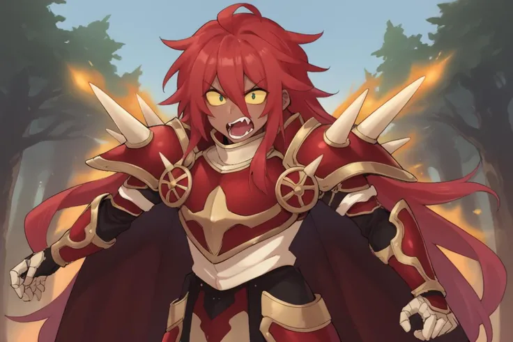 score_9, score_8_up, score_7_up, score_6_up, source_anime, BREAK, <lora:Gulcasa-000012:0.6> , guldef, (dark skin), dark-skinned male, Guldem, fiery aura, (1boy), red hair, long hair, hair between eyes, (yellow sclera), (armor), spikes, shoulder armor, shoulder spikes, cape, red cape, pauldrons, gauntlets, leaping into battle, (looking at viewer), shouting, angry, <lora:detailed_backgrounds_v2:0.5> , masterpiece, best quality, very aesthetic, absurdres, forest, outdoors, nature, blue sky, <lora:Agawa_Ryo_PonyXL:0.5>